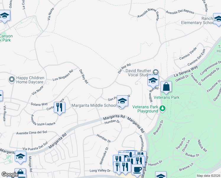 map of restaurants, bars, coffee shops, grocery stores, and more near 30405 Del Rey Road in Temecula