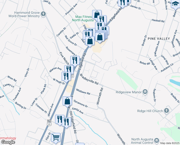 map of restaurants, bars, coffee shops, grocery stores, and more near 400 Swiss Street in North Augusta