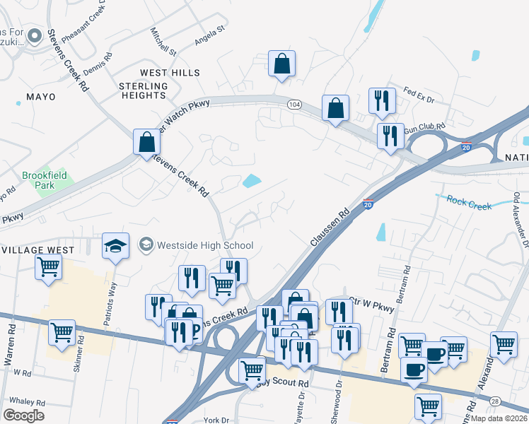 map of restaurants, bars, coffee shops, grocery stores, and more near 100 Bon Air Drive in Augusta