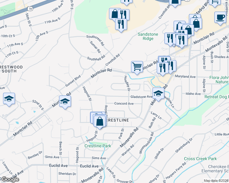 map of restaurants, bars, coffee shops, grocery stores, and more near 1206 Gladstone Avenue in Birmingham