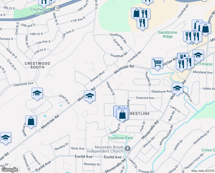 map of restaurants, bars, coffee shops, grocery stores, and more near 660 Merrimont Circle in Birmingham