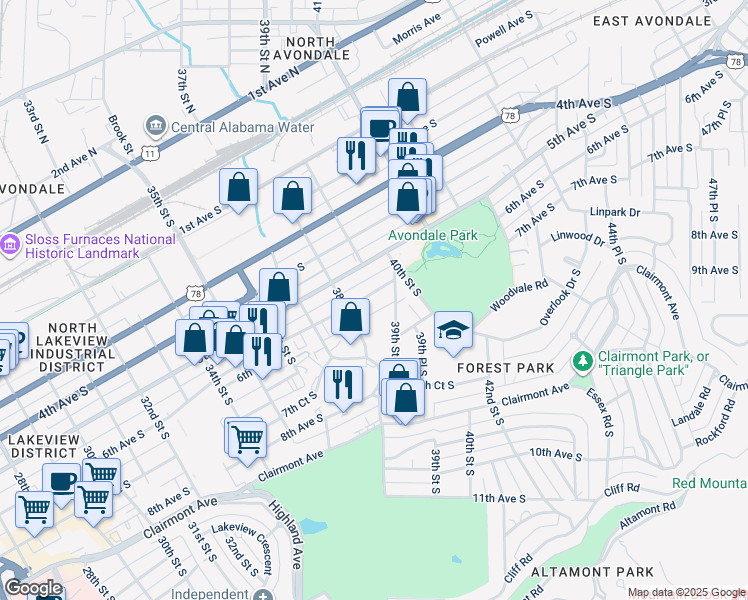map of restaurants, bars, coffee shops, grocery stores, and more near 2738 6th Avenue South in Birmingham