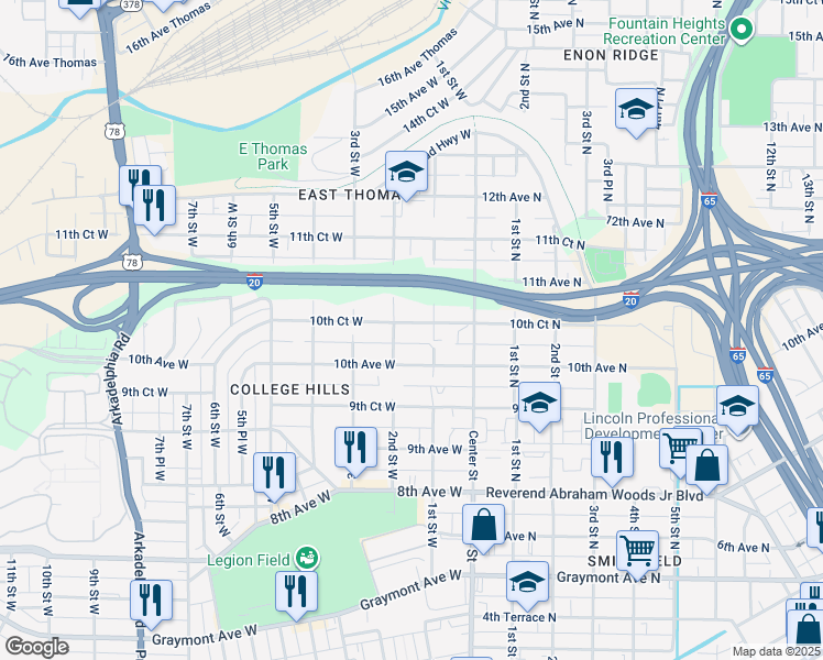 map of restaurants, bars, coffee shops, grocery stores, and more near 105 10th Court West in Birmingham
