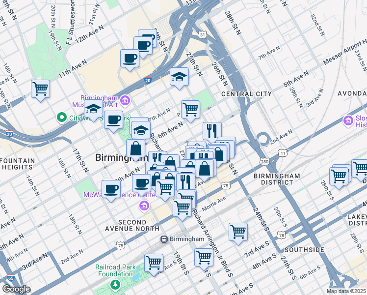 map of restaurants, bars, coffee shops, grocery stores, and more near 417 22nd Street North in Birmingham