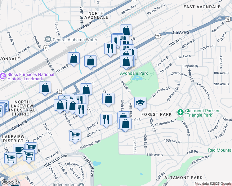 map of restaurants, bars, coffee shops, grocery stores, and more near 2738 6th Avenue South in Birmingham