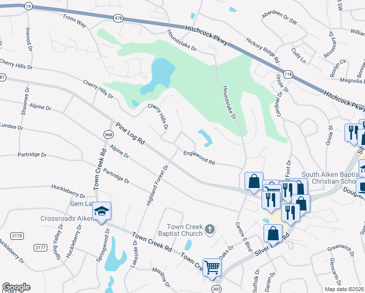map of restaurants, bars, coffee shops, grocery stores, and more near 120 Englewood Road in Aiken