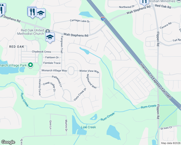 map of restaurants, bars, coffee shops, grocery stores, and more near 512 Winter View Way in Stockbridge
