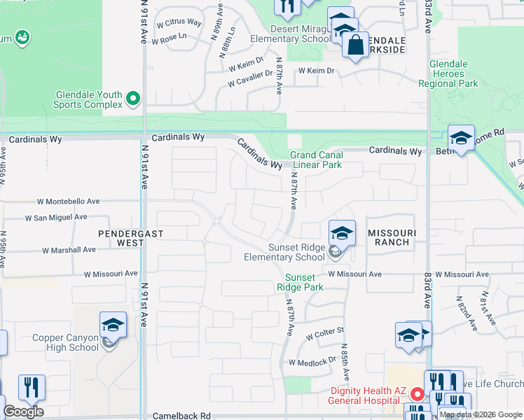 map of restaurants, bars, coffee shops, grocery stores, and more near 8752 West San Miguel Avenue in Glendale