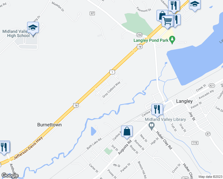 map of restaurants, bars, coffee shops, grocery stores, and more near Gray Catbird Way in Burnettown