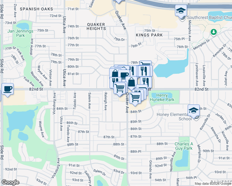 map of restaurants, bars, coffee shops, grocery stores, and more near 4413 82nd Street in Lubbock