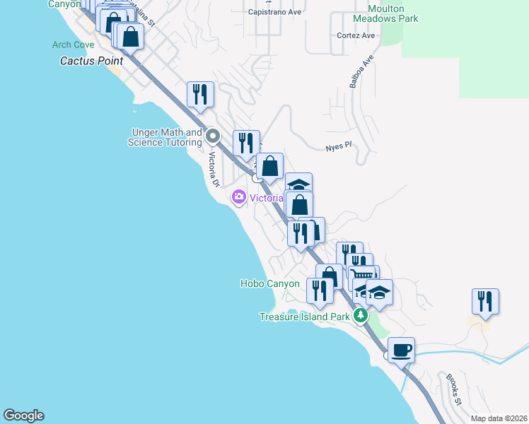 map of restaurants, bars, coffee shops, grocery stores, and more near 51 Lagunita Drive in Laguna Beach