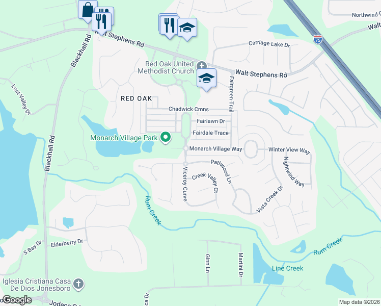 map of restaurants, bars, coffee shops, grocery stores, and more near 274 Monarch Village Way in Stockbridge