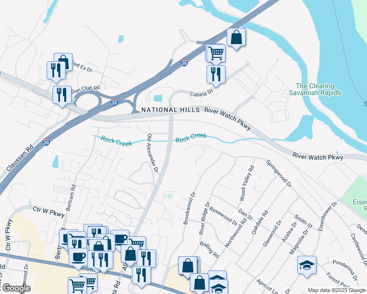 map of restaurants, bars, coffee shops, grocery stores, and more near 2833 Springwood Drive in Augusta