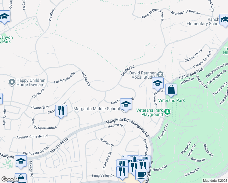 map of restaurants, bars, coffee shops, grocery stores, and more near 30405 Del Rey Road in Temecula