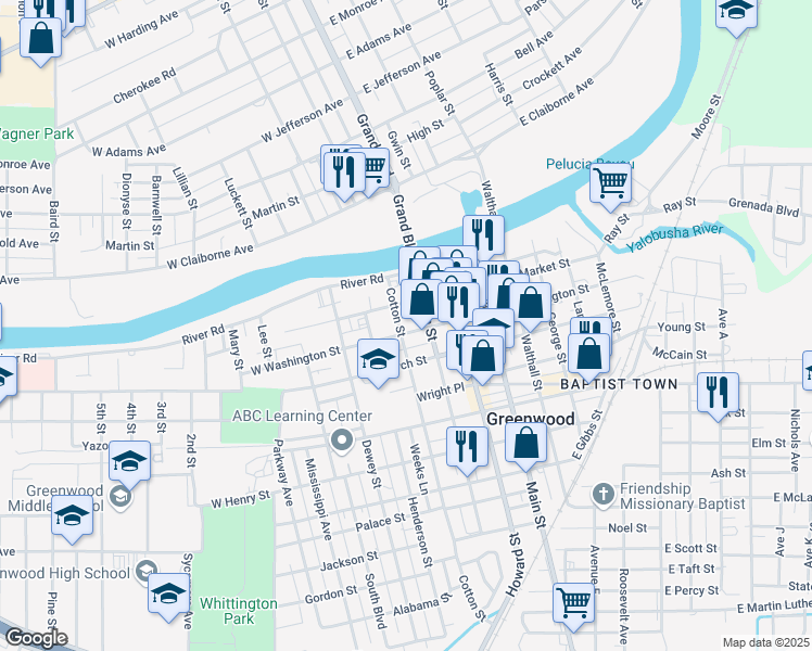 map of restaurants, bars, coffee shops, grocery stores, and more near 310 West Washington Street in Greenwood