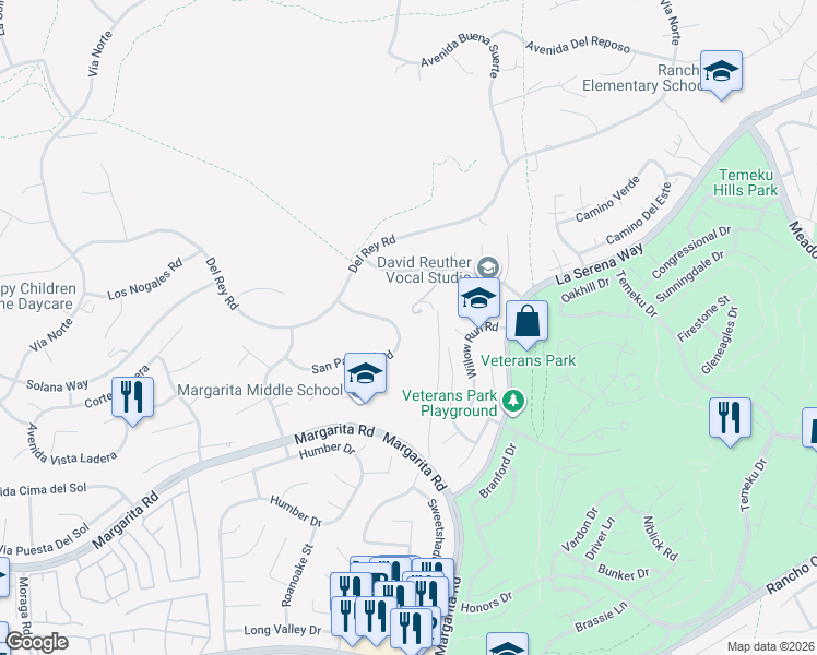 map of restaurants, bars, coffee shops, grocery stores, and more near 30697 San Pasqual Road in Temecula