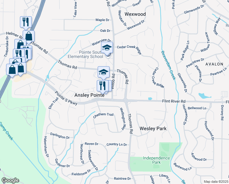 map of restaurants, bars, coffee shops, grocery stores, and more near 8656 Webb Road in Riverdale