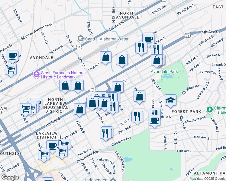 map of restaurants, bars, coffee shops, grocery stores, and more near 3600 5th Ave S in Birmingham