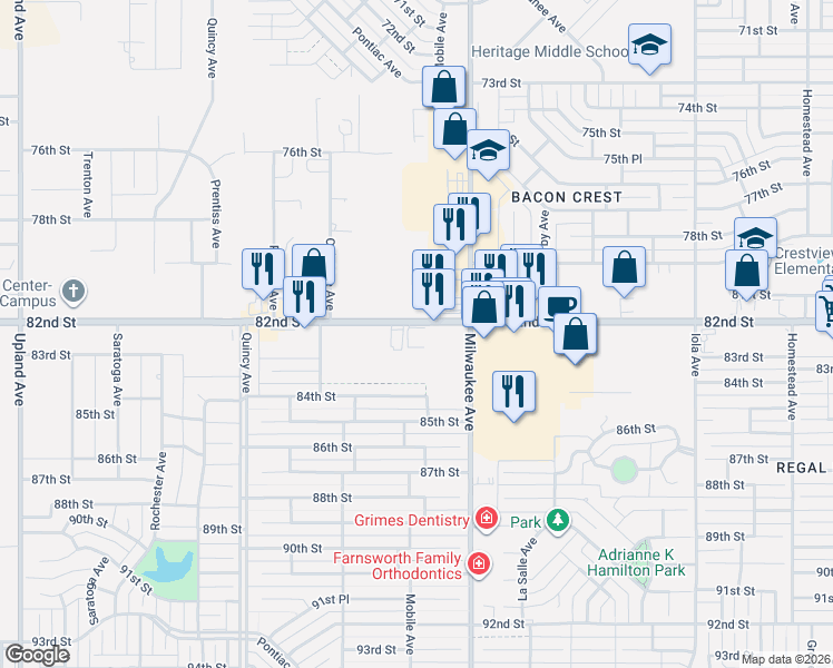 map of restaurants, bars, coffee shops, grocery stores, and more near 6517 82nd Street in Lubbock