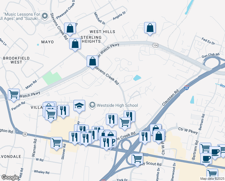 map of restaurants, bars, coffee shops, grocery stores, and more near 1017 Stevens Creek Road in Augusta