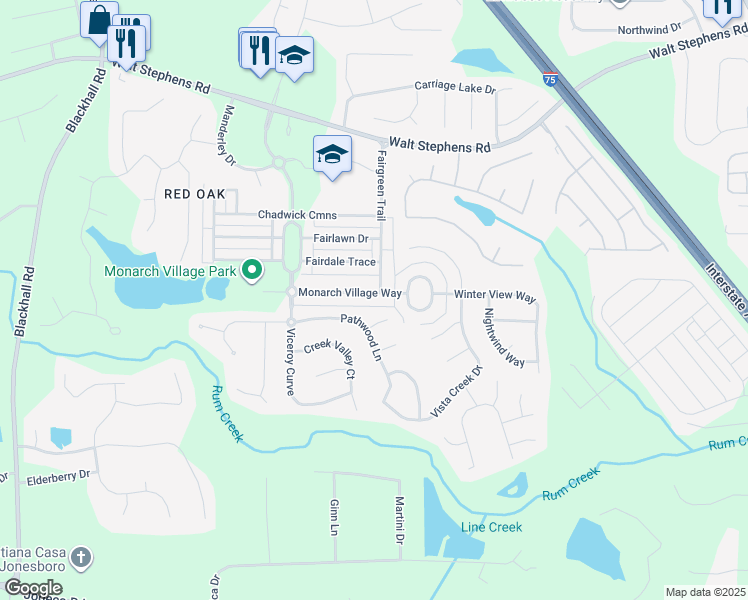 map of restaurants, bars, coffee shops, grocery stores, and more near 250 Monarch Village Way in Stockbridge