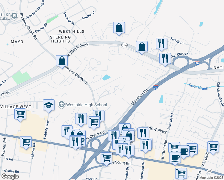 map of restaurants, bars, coffee shops, grocery stores, and more near 100 Bon Air Drive in Augusta