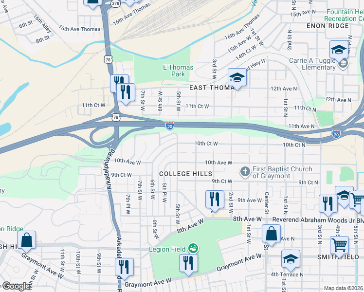 map of restaurants, bars, coffee shops, grocery stores, and more near 1019 5th Street West in Birmingham