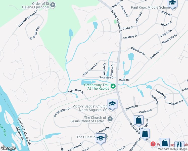 map of restaurants, bars, coffee shops, grocery stores, and more near 1416 Socastee Drive in North Augusta