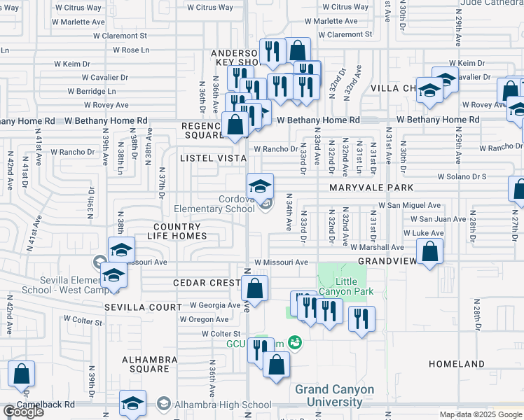 map of restaurants, bars, coffee shops, grocery stores, and more near 5631 North 35th Avenue in Phoenix