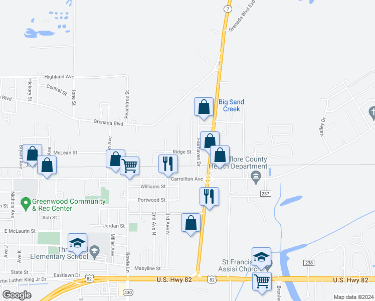 map of restaurants, bars, coffee shops, grocery stores, and more near 422 McCool Street in Greenwood