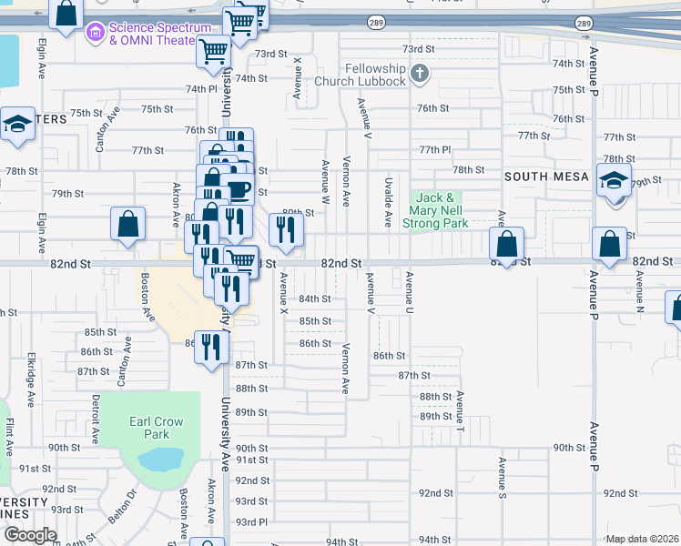 map of restaurants, bars, coffee shops, grocery stores, and more near 8208 Vernon Avenue in Lubbock