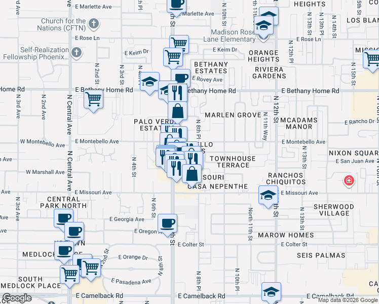 map of restaurants, bars, coffee shops, grocery stores, and more near 5615 North 7th Street in Phoenix