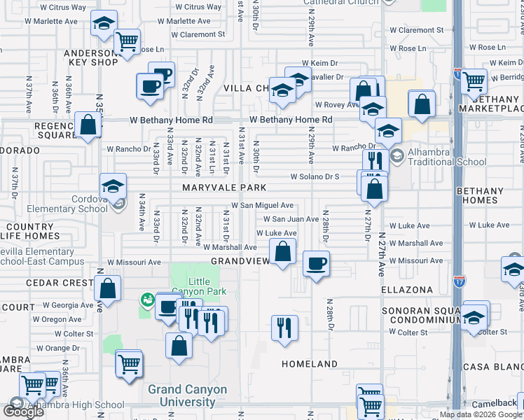 map of restaurants, bars, coffee shops, grocery stores, and more near 5618 North 30th Drive in Phoenix