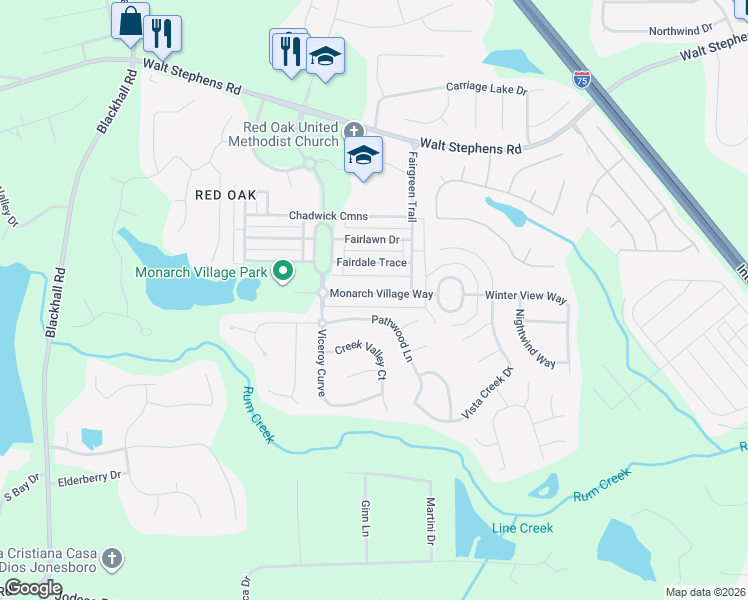 map of restaurants, bars, coffee shops, grocery stores, and more near 260 Monarch Village Way in Stockbridge