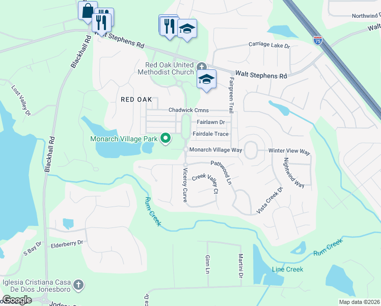 map of restaurants, bars, coffee shops, grocery stores, and more near 274 Monarch Village Way in Stockbridge