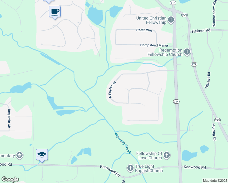 map of restaurants, bars, coffee shops, grocery stores, and more near 260 North Fayette Drive in Fayetteville
