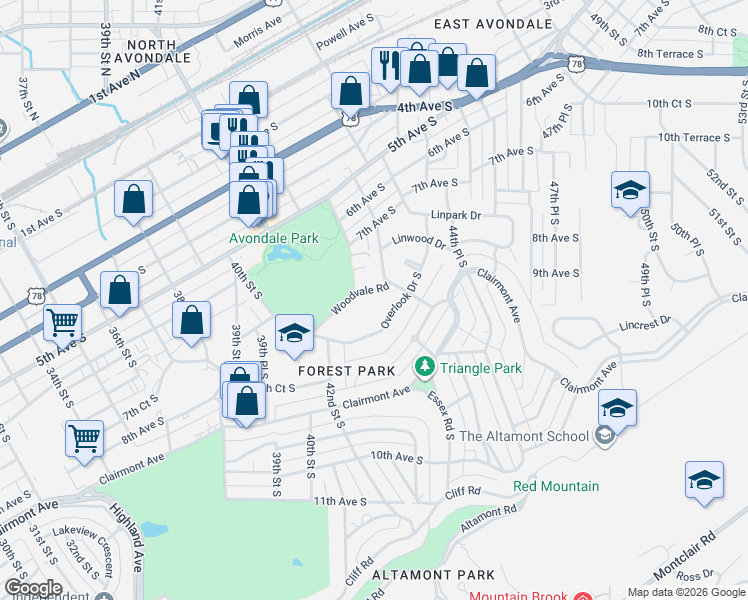 map of restaurants, bars, coffee shops, grocery stores, and more near 4248 Overlook Drive South in Birmingham