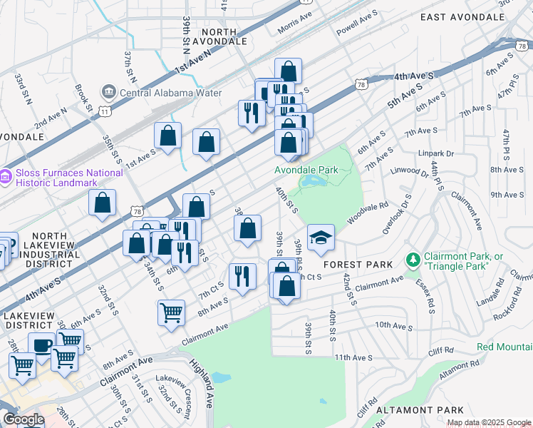 map of restaurants, bars, coffee shops, grocery stores, and more near 2738 6th Avenue South in Birmingham