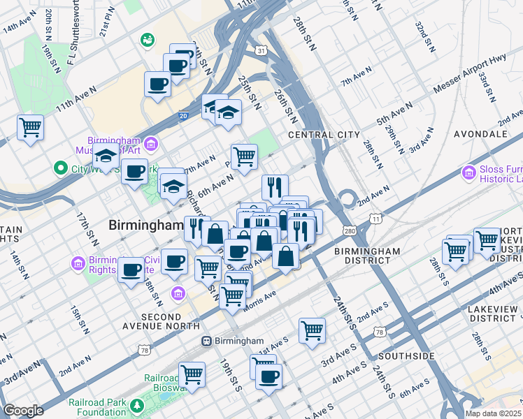 map of restaurants, bars, coffee shops, grocery stores, and more near 2233 4th Avenue North in Birmingham