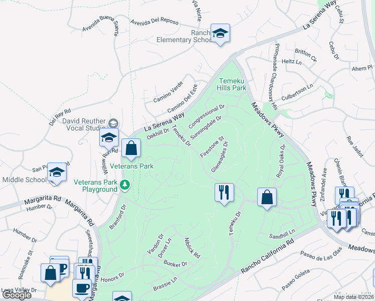 map of restaurants, bars, coffee shops, grocery stores, and more near 41374 Pine Tree Circle in Temecula