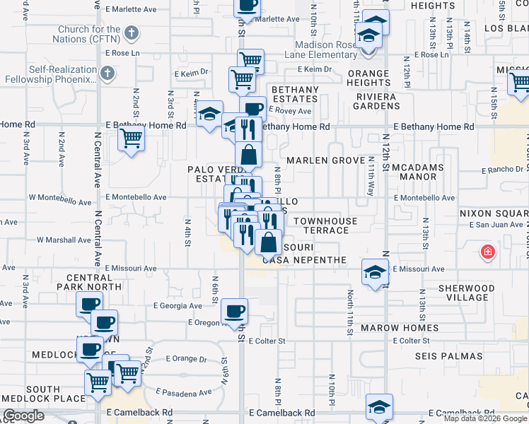 map of restaurants, bars, coffee shops, grocery stores, and more near 5615 North 7th Street in Phoenix