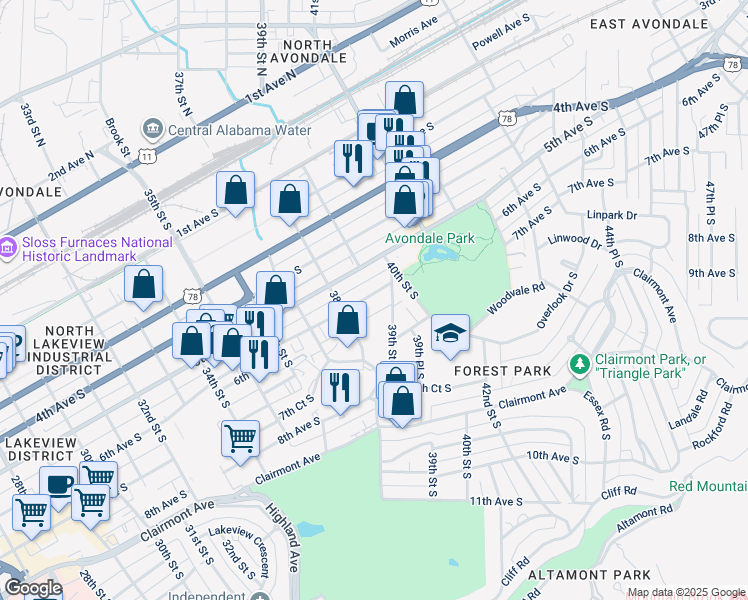 map of restaurants, bars, coffee shops, grocery stores, and more near 3833 6th Avenue South in Birmingham