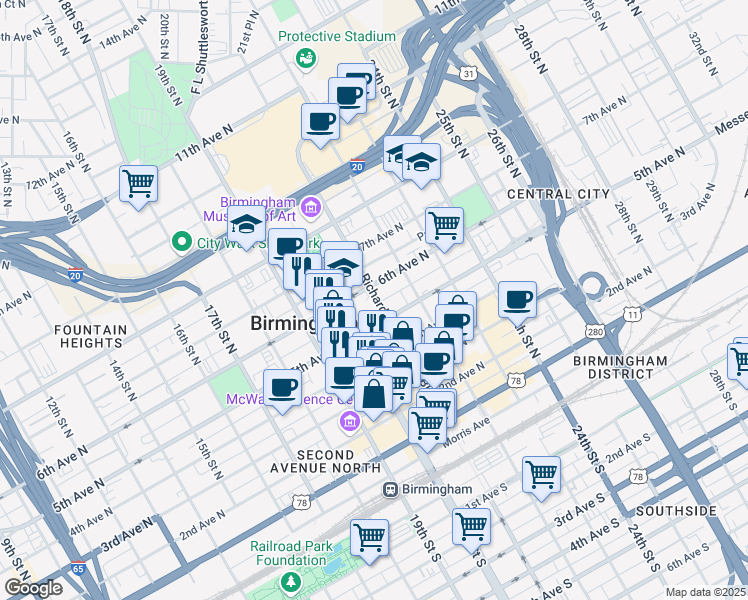 map of restaurants, bars, coffee shops, grocery stores, and more near 301 Richard Arrington Junior Boulevard North in Birmingham
