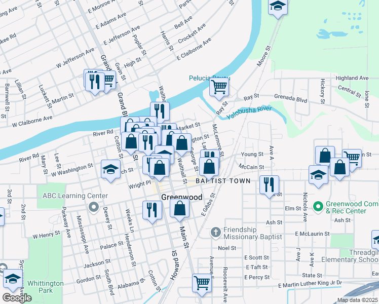 map of restaurants, bars, coffee shops, grocery stores, and more near 312 George Street in Greenwood