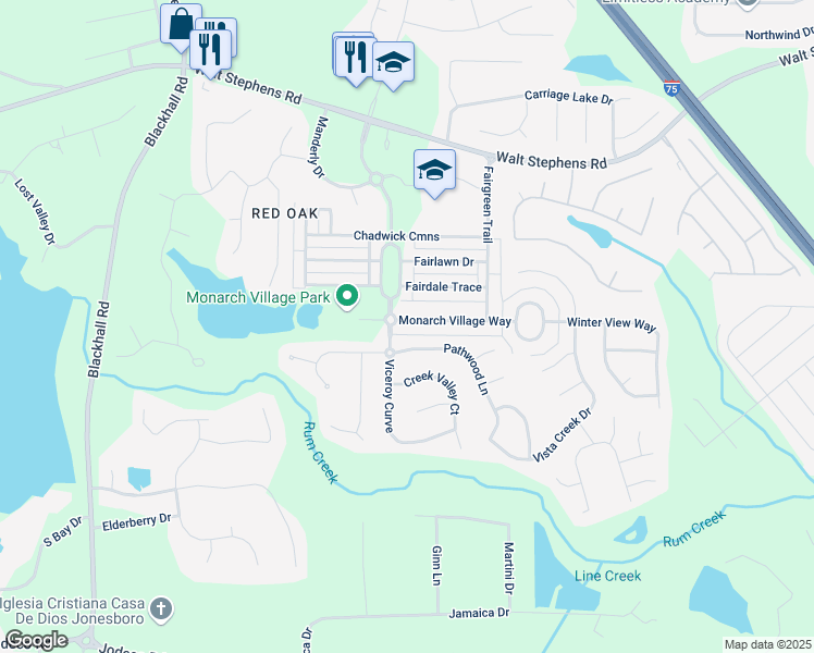 map of restaurants, bars, coffee shops, grocery stores, and more near 272 Monarch Village Way in Stockbridge