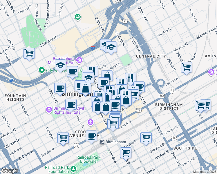 map of restaurants, bars, coffee shops, grocery stores, and more near 417 22nd Street North in Birmingham