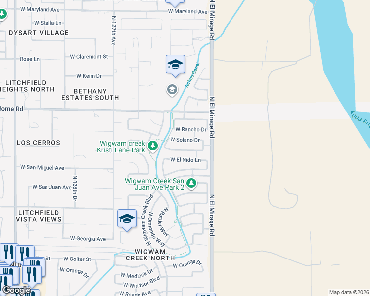 map of restaurants, bars, coffee shops, grocery stores, and more near 12424 West Montebello Avenue in Litchfield Park