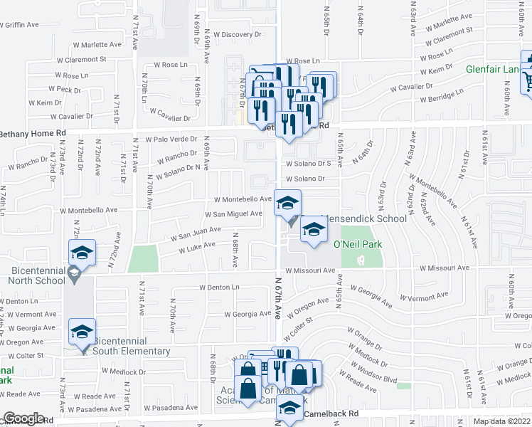 map of restaurants, bars, coffee shops, grocery stores, and more near 6724 West San Juan Avenue in Glendale