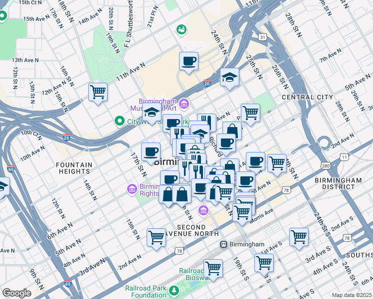 map of restaurants, bars, coffee shops, grocery stores, and more near in Birmingham
