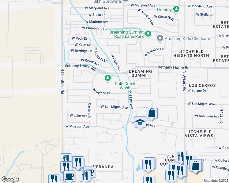map of restaurants, bars, coffee shops, grocery stores, and more near 13605 West Solano Drive in Litchfield Park